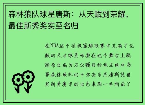 森林狼队球星唐斯：从天赋到荣耀，最佳新秀奖实至名归